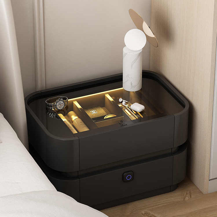 Cream style light luxury glass smart bedside storage cabinet